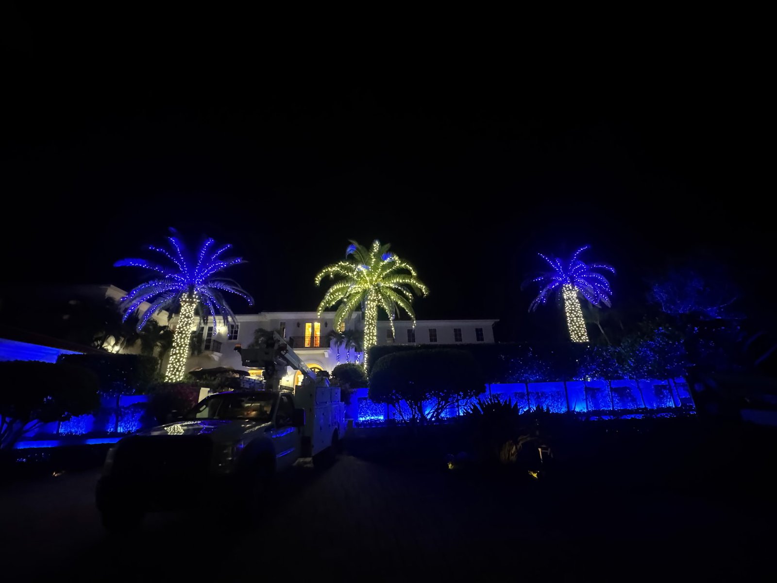 Gulfstream Glow crew truck and three palms lit blue and gold