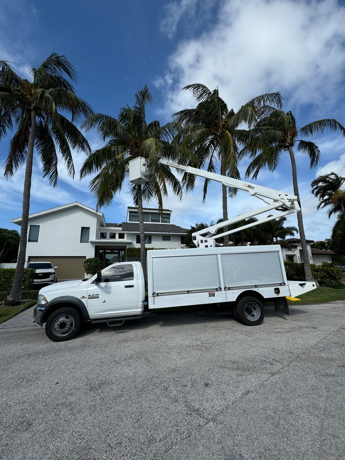Gulfstream Glow bucket truck lighting palms at a modern home under sunny skies