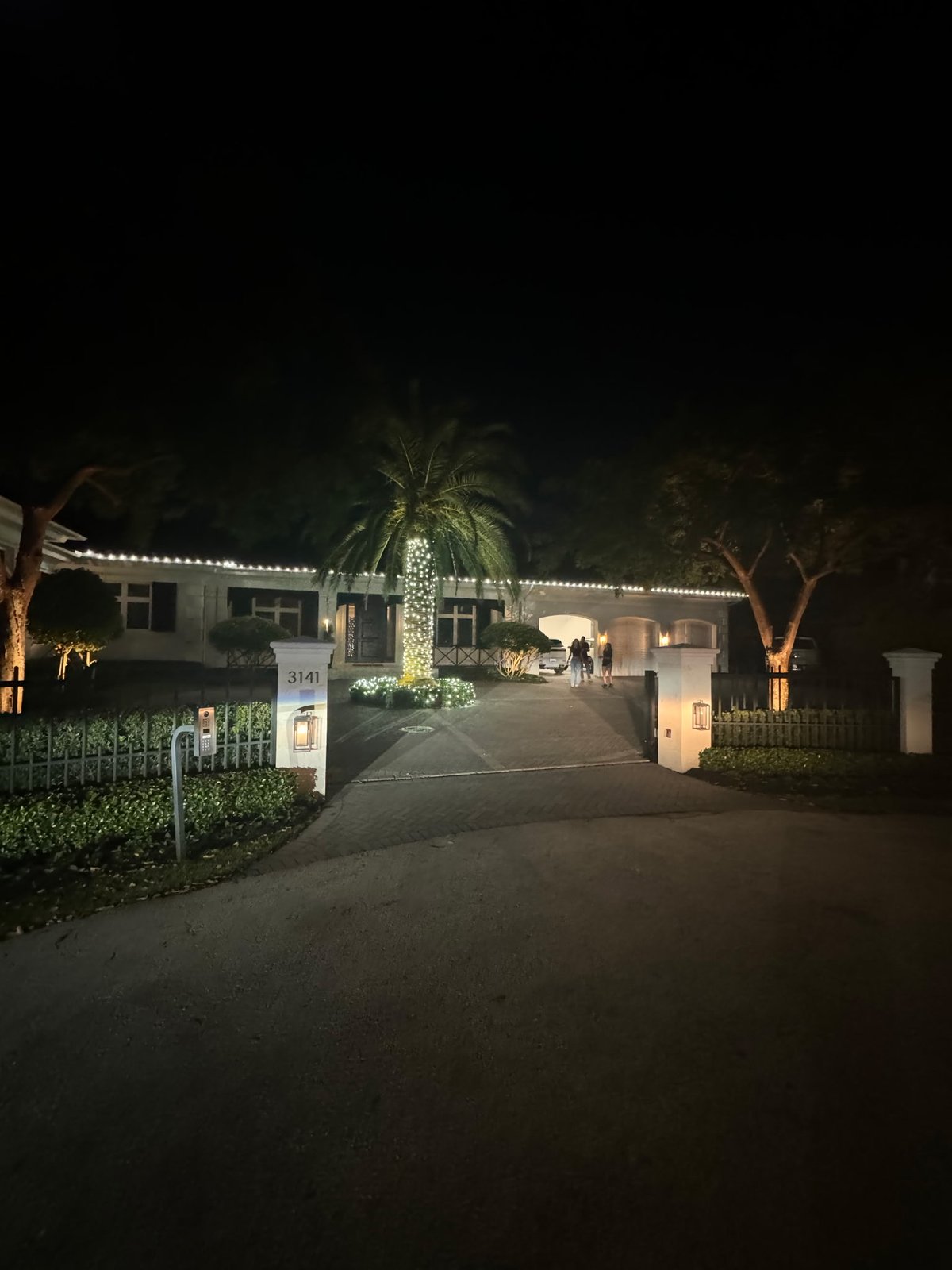 Gulfstream Glow lit palm marking a gated estate entrance